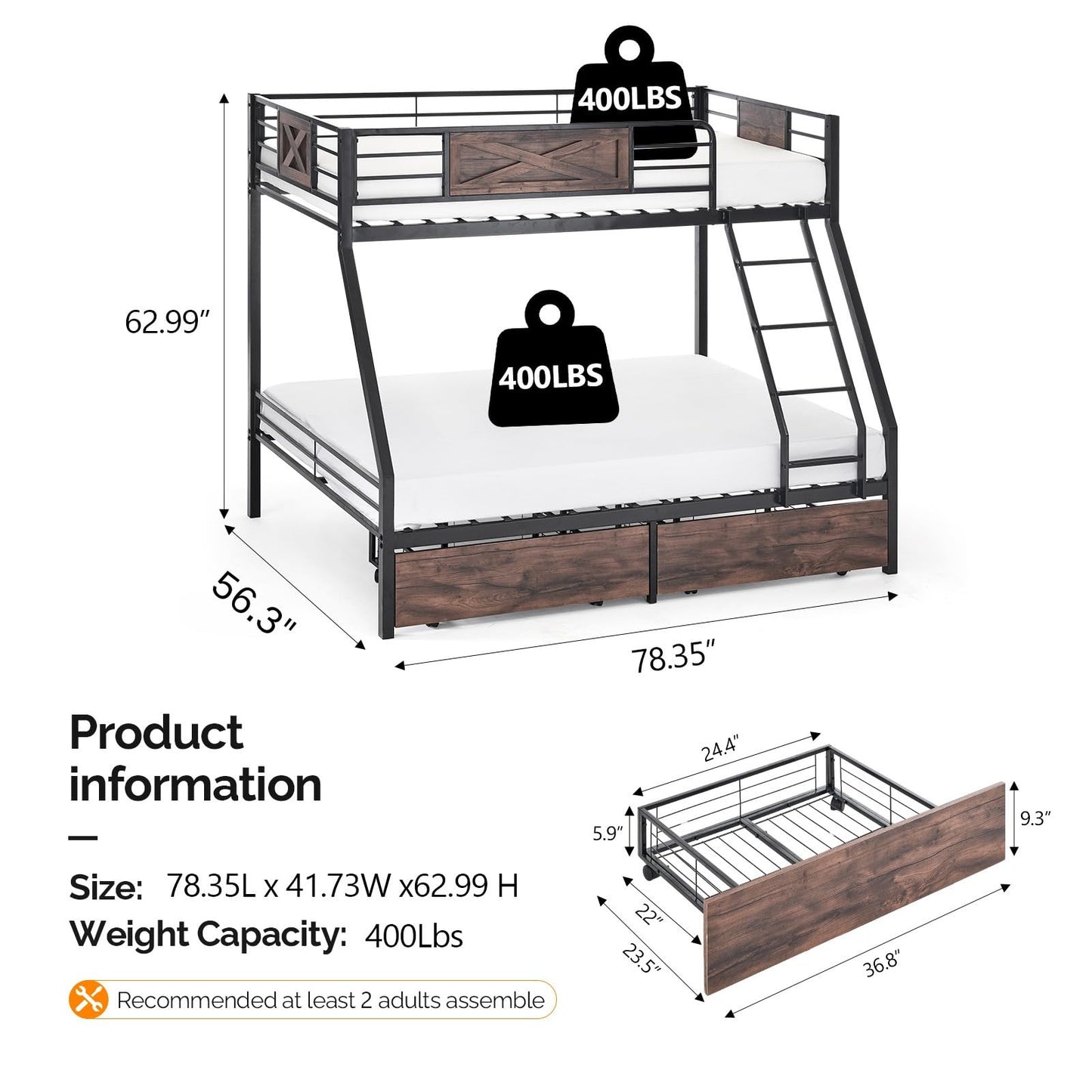 Bonnlo Metal Bunk Bed Twin Over Full with 2 Storage Drawers, Heavy Duty Twin Over Full Bunk Bed for Kids Teens Adults, 13.7-Inch Guardrail, Inclined Ladder, No Box Spring Needed, Black/Brown
