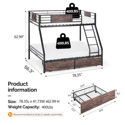 Bonnlo Metal Bunk Bed Twin Over Full with 2 Storage Drawers, Heavy Duty Twin Over Full Bunk Bed for Kids Teens Adults, 13.7-Inch Guardrail, Inclined Ladder, No Box Spring Needed, Black/Brown