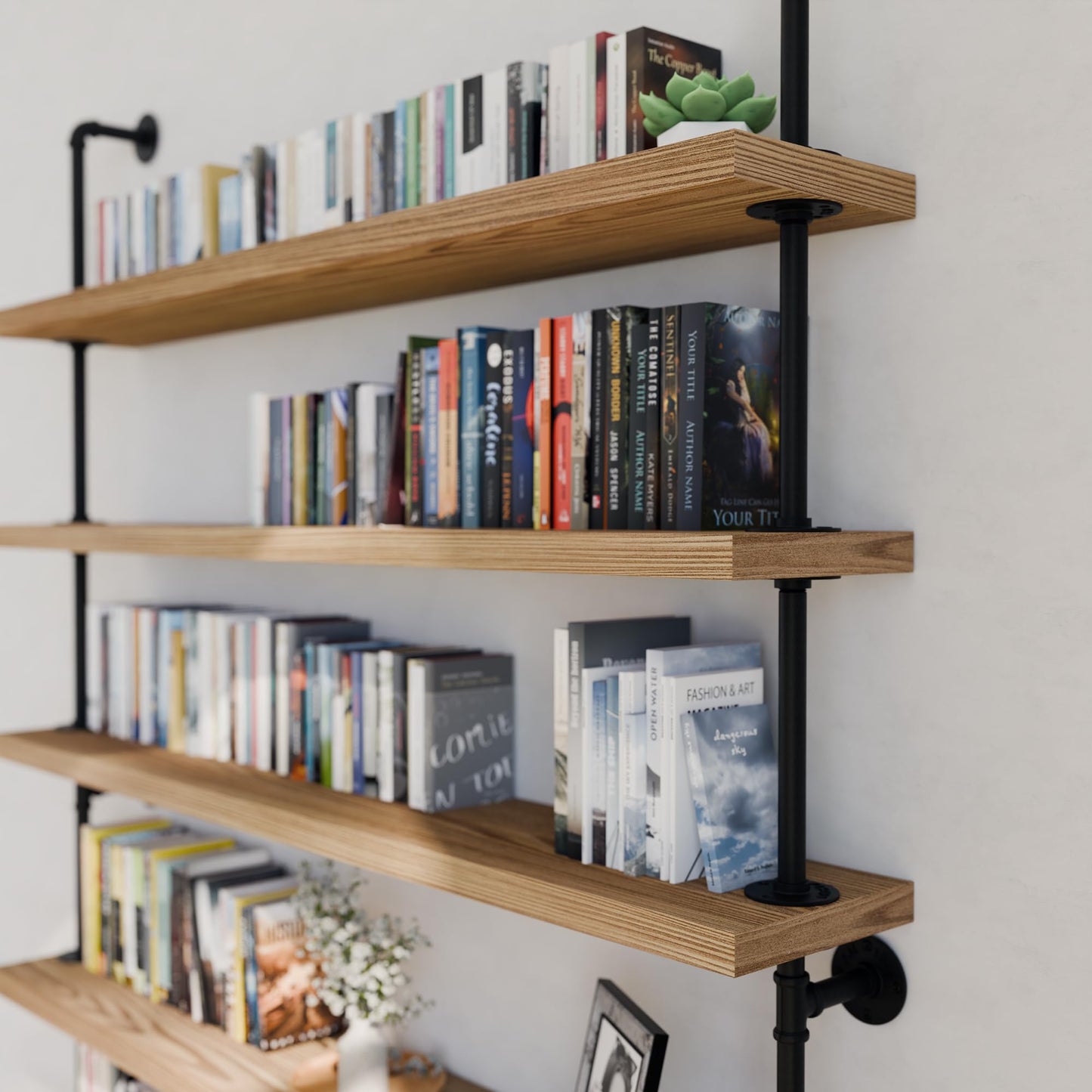 Wallniture 60" Long 5 Shelf Bookcase with 9.25" Deep and 1.5" Thick Real Solid Wood Boards, Standing Bookshelf with Pipe Style Wall Support - 5 Tier - Burnt
