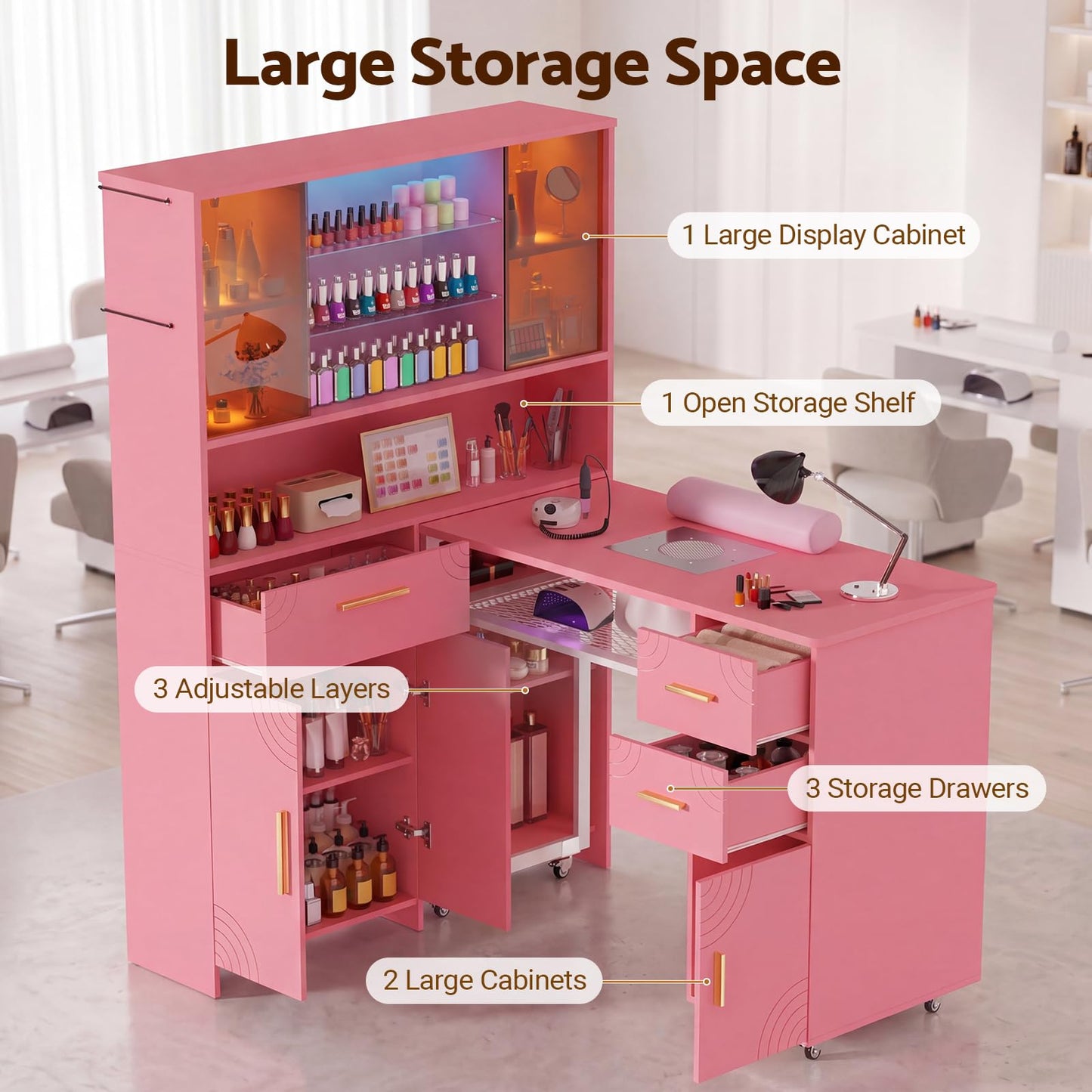 Mobile Manicure Table with Dust Collector, Double Tabletop Nail Desk for Technician, Nail Station w/Display Shelves, 3 Adjustable Layers, Drawers, Cabinets, Sliding Door & LED Light Strip, Pink
