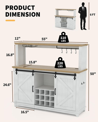 IDEALHOUSE 55" Farmhouse Coffee Bar Cabinet with Power Outlet & LED Light - Sliding Barn Door Buffet with Removable Wine Rack, 2-Tier Drawers, for Kitchen, Dining & Living Room, White
