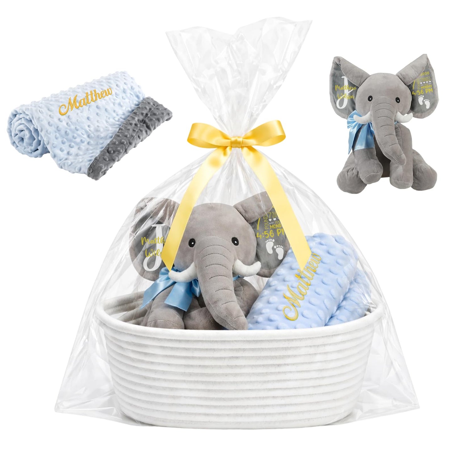 Dyoart Personalized Woven Basket with Gift Bags & Ribbons, Decorative Basket with Elephant Stuffed Animal and Blanket Set, Handle Storage Basket for Nursery Toy Pet, Birthday Baby Shower Gifts Set