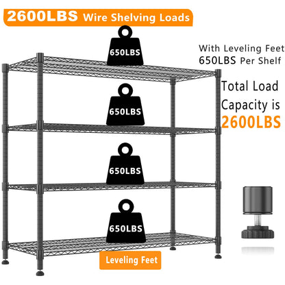 Himimi Storage Shelves 60" W Wire Shelving with Wheels 2600LBS Heavy Duty Metal Shelves for Storage, 4-Tier Adjustable Wire Rack Shelving Garage Shelving Kitchen Storage Shelves 24" Dx60 Wx72H, Black
