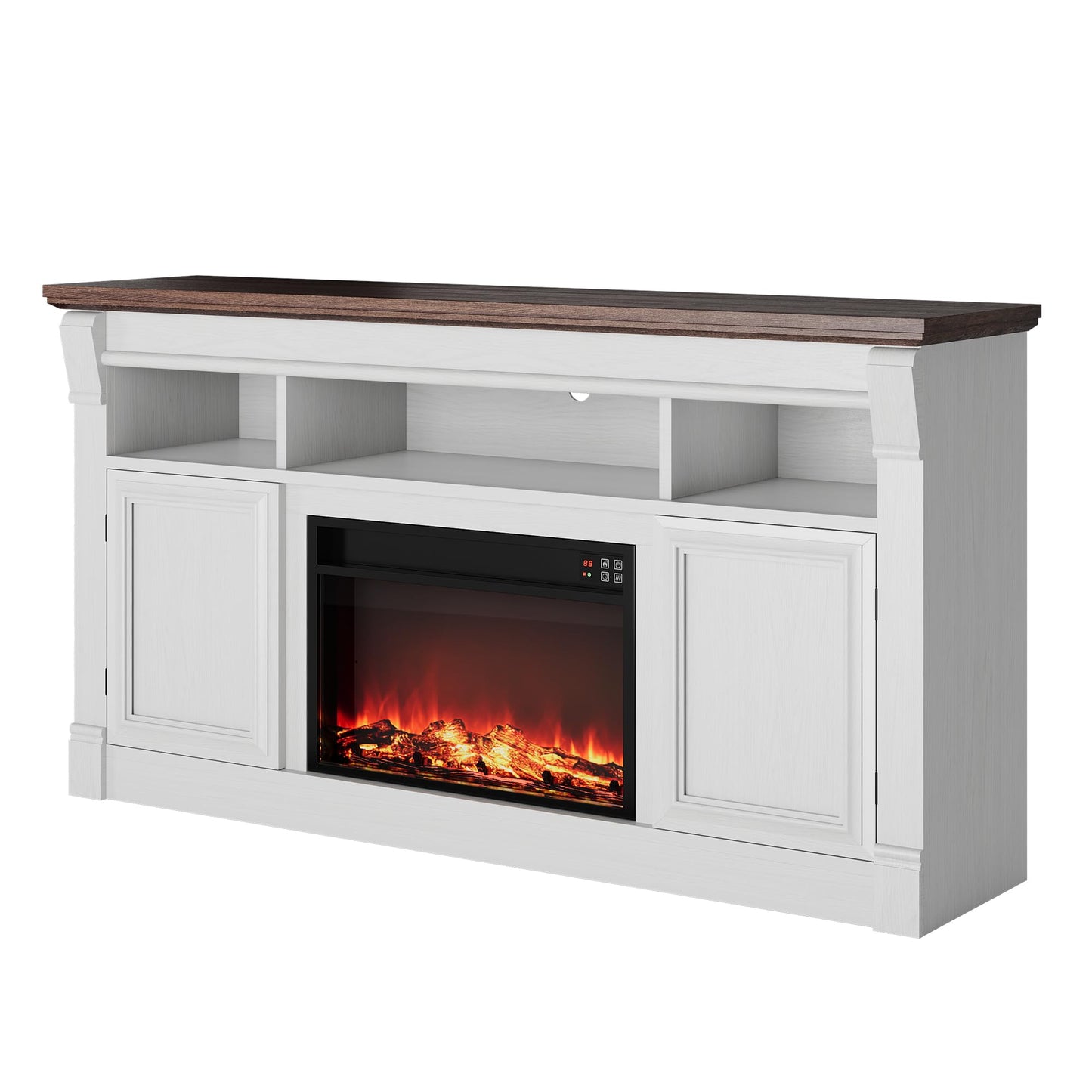 GarveeHome 58" Farmhouse Electric Fireplace TV Stand for TV Up to 65", Entertainment Center Console Table with Open Storage Shelves and Cabinets for Living Room