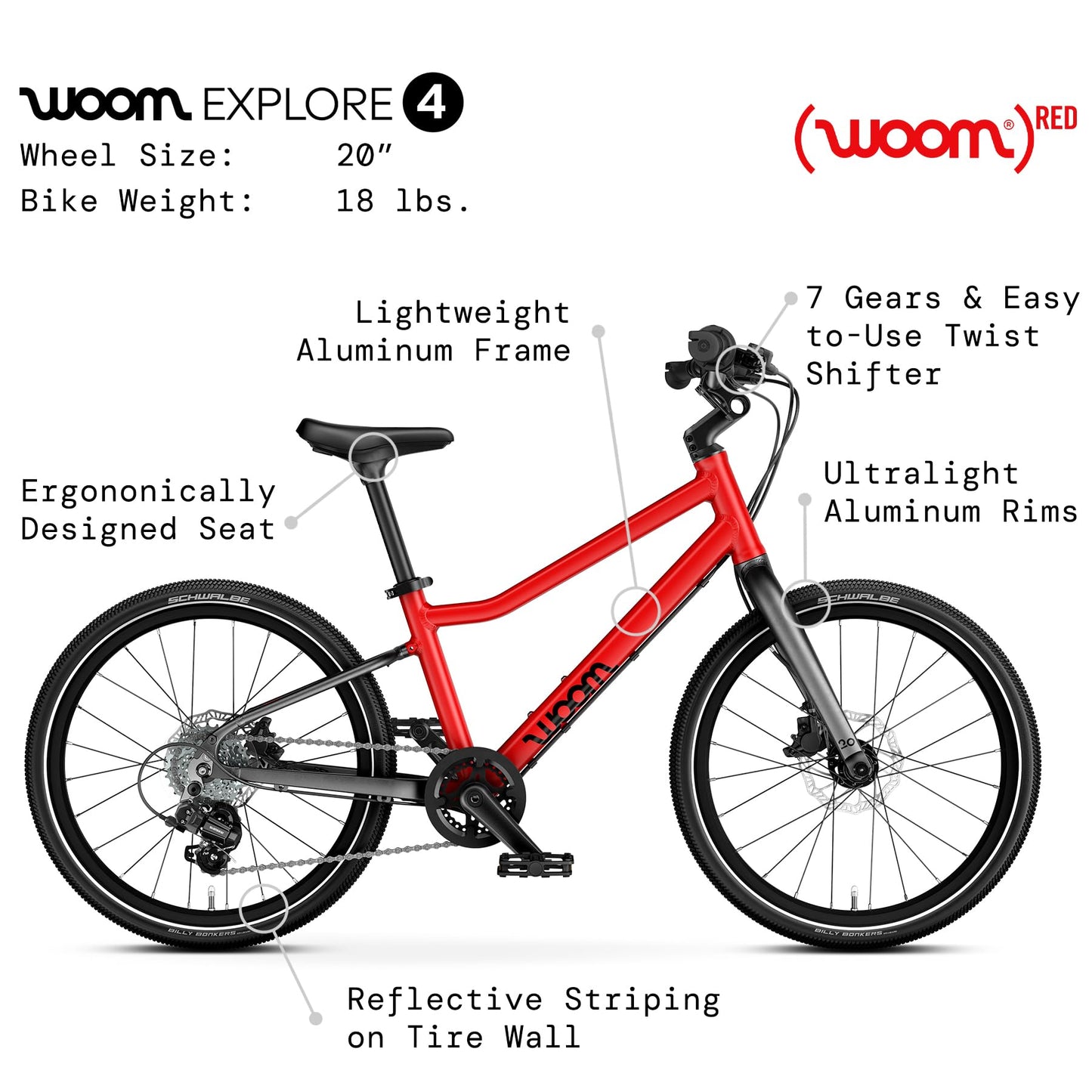 woom Explore 4 Kids’ Bicycle, 20-Inch, 7-Speed Twist Shifter for Advanced Riders, Road & Mountain Ready Bike with Powerful Disc Brakes for Boys & Girls - Red