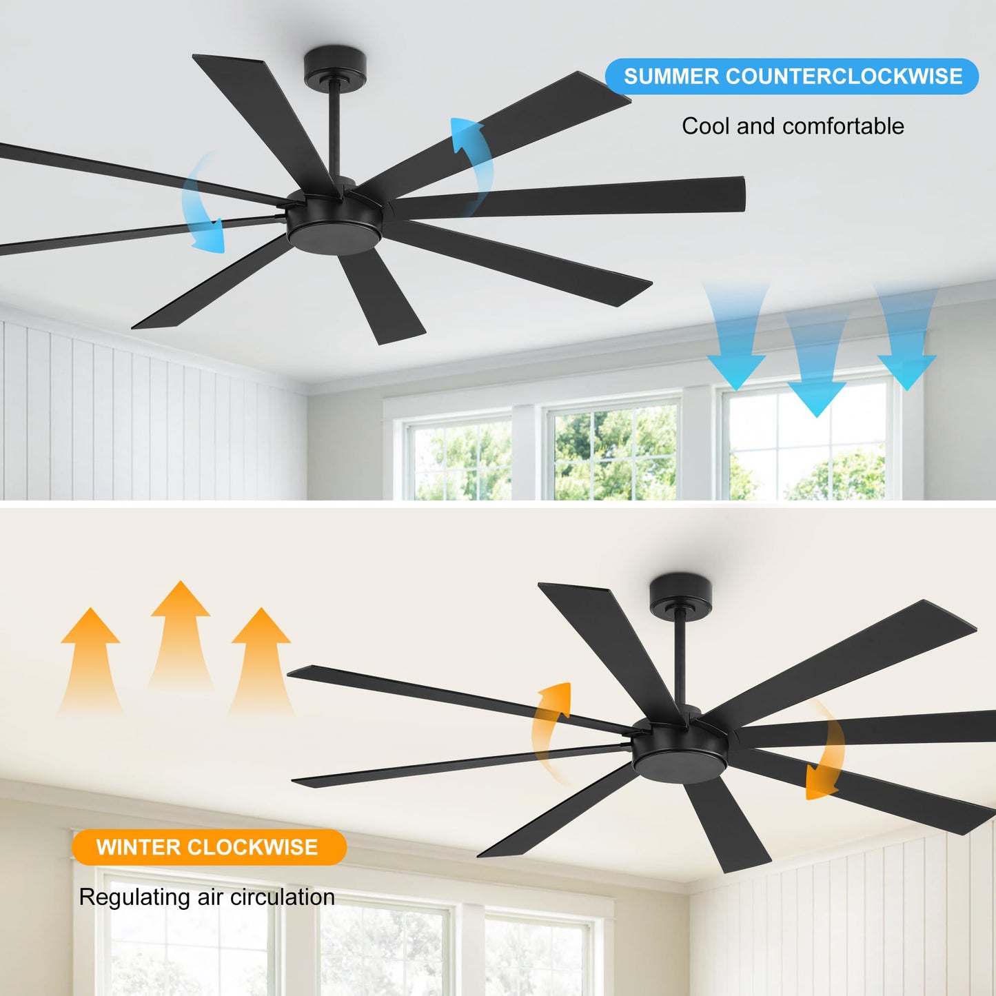 WINGBO 60" Black Ceiling Fan without Light, Modern Large Ceiling Fan with Remote Control, 6-Speed Reversible Noiseless DC Motor, Black/Driftwood Blades for Living Room, Bedroom & Covered Outdoor
