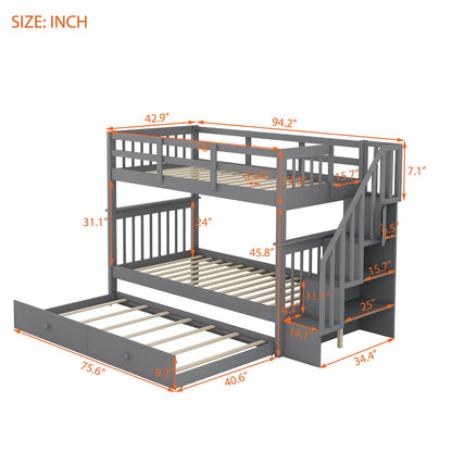 Merax Twin-Over-Twin Bunk Bed with Twin Size Trundle, Soild Wood Stairway Bunk Bed with Storage and Guard Rail for Teens, Adults, Gray