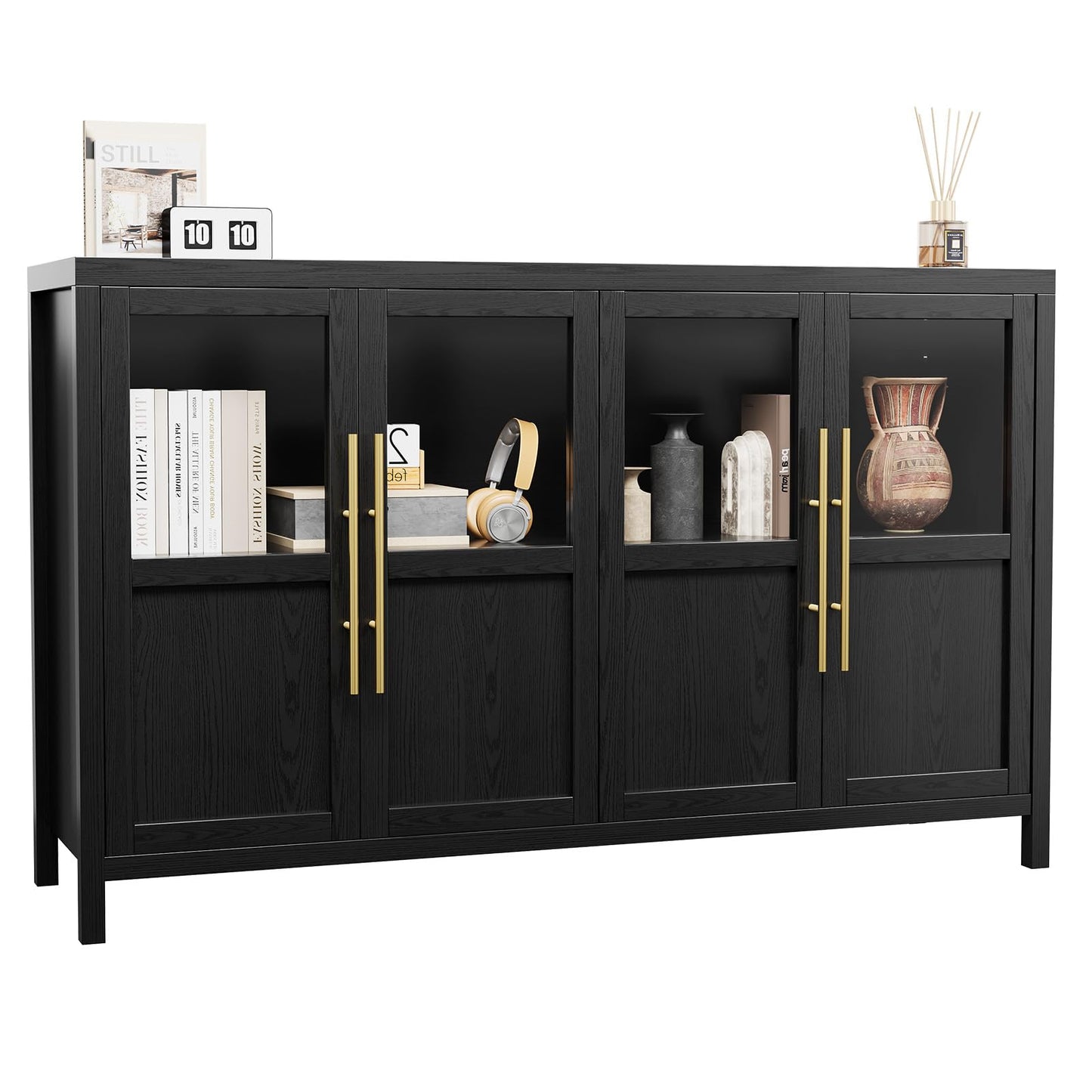 GarveeHome Sideboard Buffet Cabinet with 4 Glass Doors, 55 in Buffet Table Coffee Bar Wine Bar Display Cabinet for Kitchen Dining Room, Living Room (Glass with 4 Doors, Dark)