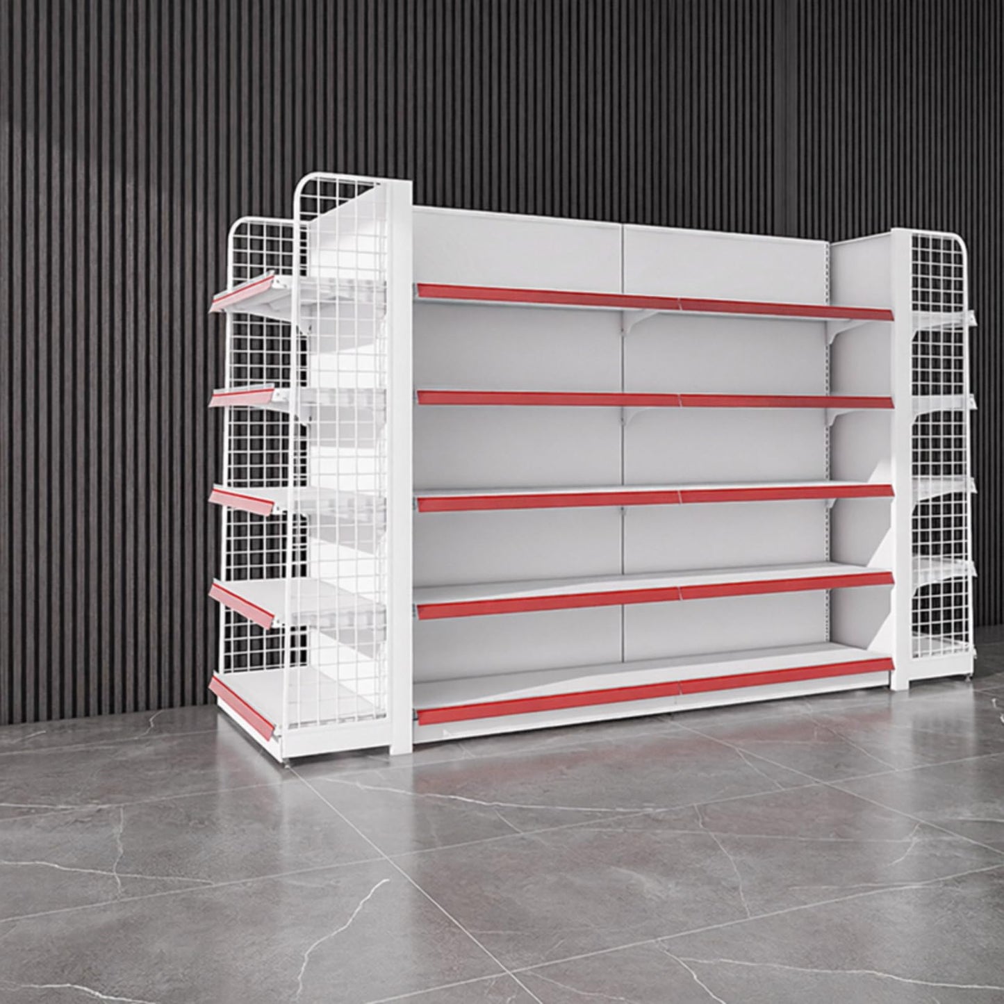 Gondola Shelving Unit for Retail Store, Heavy Duty Supermarket Display Rack, Double-Sided Metal Shelf with Adjustable Layers for Grocery, Convenience Store & Commercial Use (White, W106*D31*H63)