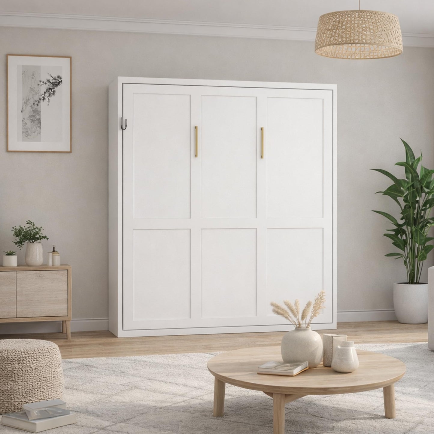 KEIKI Queen Size Vertical Cabinet Murphy Bed with Automatic Leg, Multifunctional Foldable Hideaway Wall Metal Bed Frame with Slats, No Box Spring Needed, Easy Assembly, for Bedroom, Guest Room, White