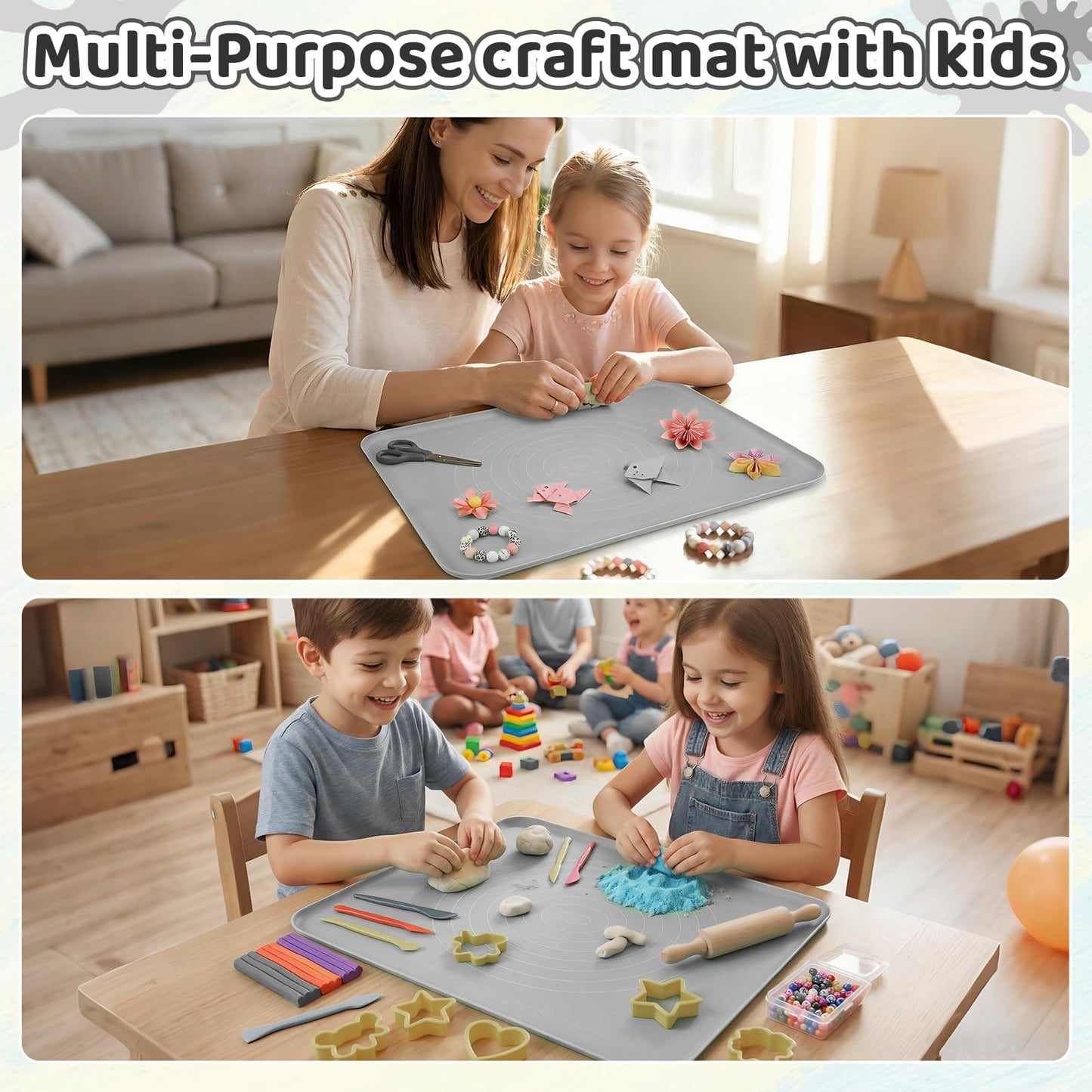 Extra Large Silicone Painting Mat for Crafts, 24”x 19” Waterproof Art Mat with Raised Sides for Paint, Clay Playdough, & Jewelry-Making (Grey)