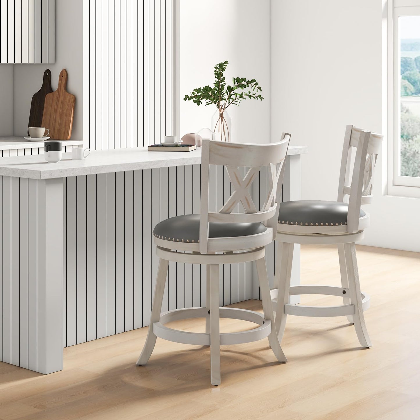 COSTWAY Bar Stool Set of 4 for Kitchen Island, 25.5” Swivel Armless Counter Height Stools with 20'' Wider Padded Seat, Ergonomic Curved Backrest, Rubber Wood Frame (4, Antique White + Gray)