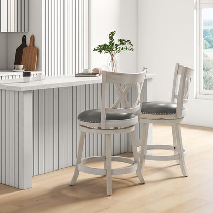 COSTWAY Bar Stool Set of 4 for Kitchen Island, 25.5” Swivel Armless Counter Height Stools with 20'' Wider Padded Seat, Ergonomic Curved Backrest, Rubber Wood Frame (4, Antique White + Gray)