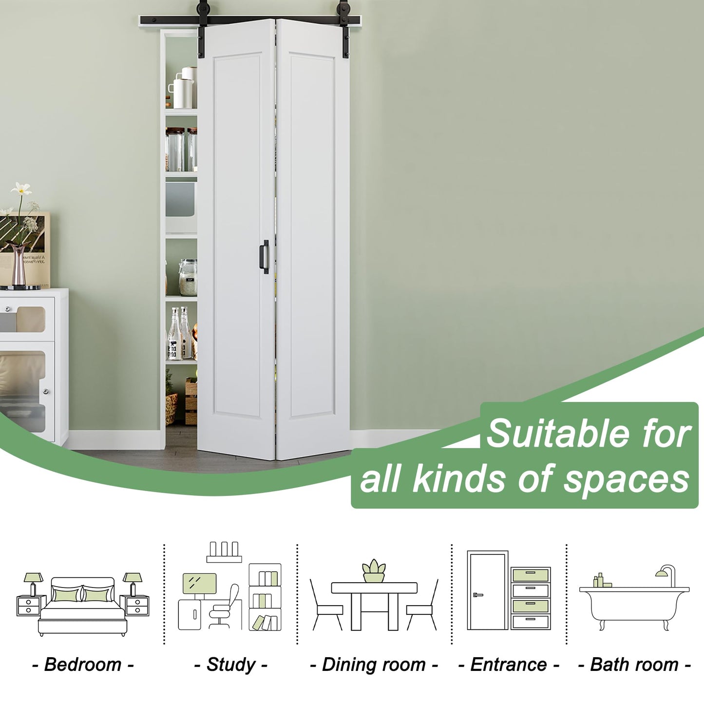 64" x 84" 1 Panel Bifold Barn Door, 72" Track Kit for 4 Closet Doors, Pre-Assembled Panel Bi-fold Barn Door for Pantry, Primed White Finish with Water-Resistant and Scratch-Resistant, Paintable