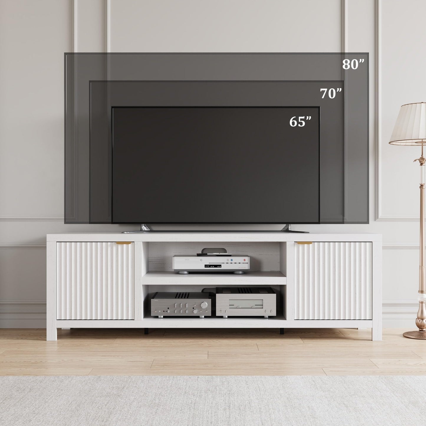 IDEALHOUSE Fluted TV Stand for 75+ Inch, Modern Entertainment Center with 2-Tier Storage & Adjustable Shelves, Media Console Cabinet with 2 Fluted Doors and Gold Handle for Living Room, Bedroom, White