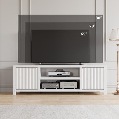 IDEALHOUSE Fluted TV Stand for 75+ Inch, Modern Entertainment Center with 2-Tier Storage & Adjustable Shelves, Media Console Cabinet with 2 Fluted Doors and Gold Handle for Living Room, Bedroom, White