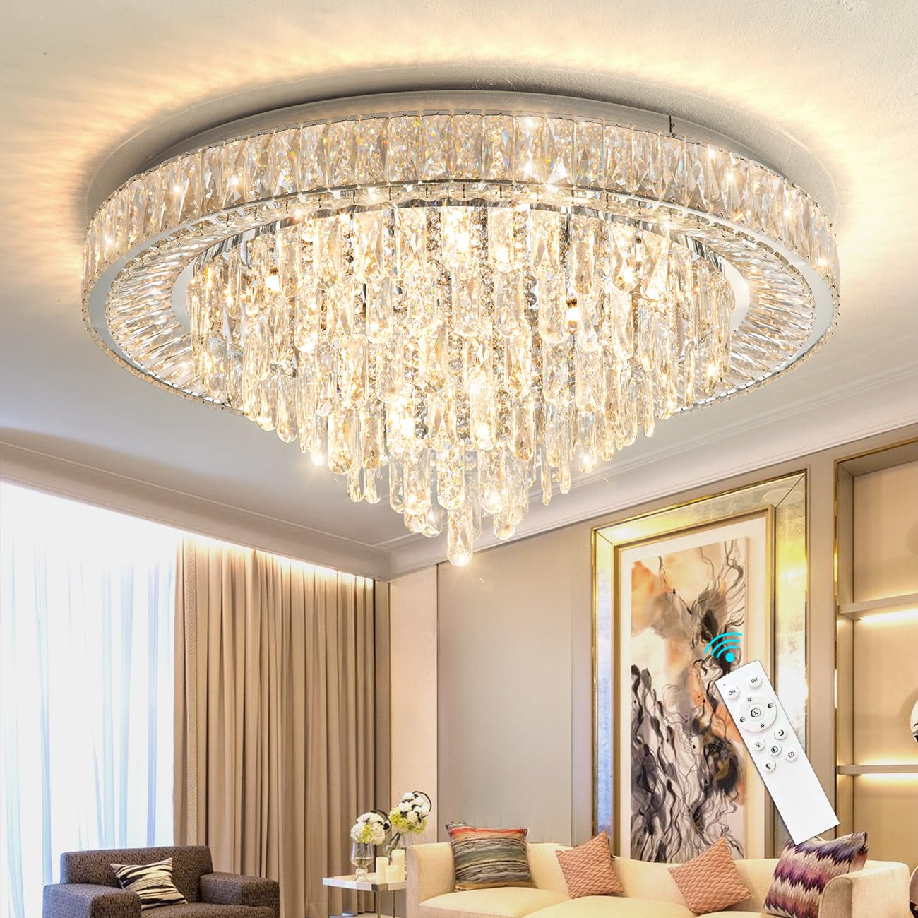 dolria Modern Chandeliers for Living Room Crystal Ceiling Light Fixture LED Dimmable Lamp with Remote Pendant Lighting Flush Mount Ceiling Lighting for Dining Room Bedrooms