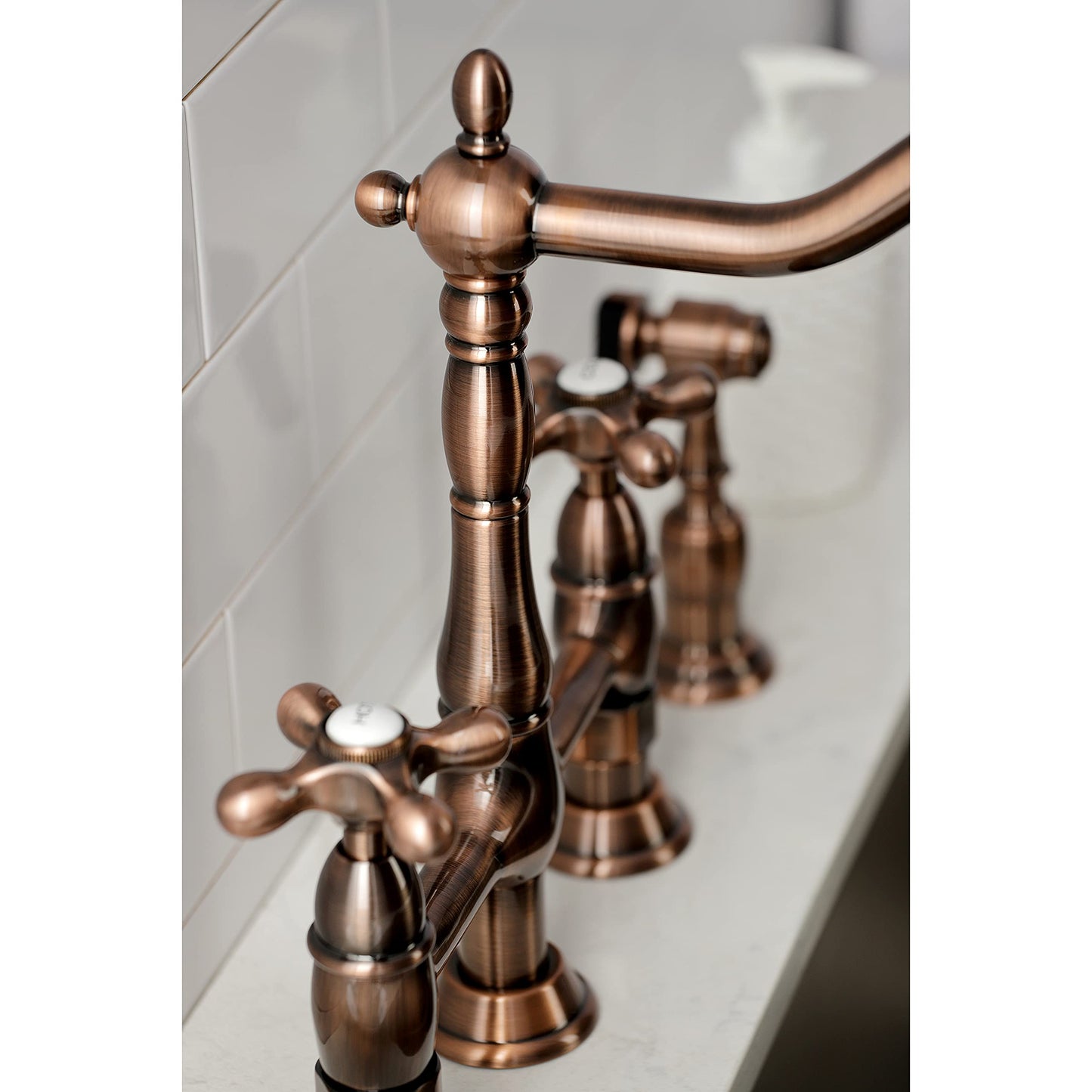 Kingston Brass KS127AXBSAC Heritage Bridge Kitchen Faucet, Antique Copper, 11.19 x 8.56 x 13.13