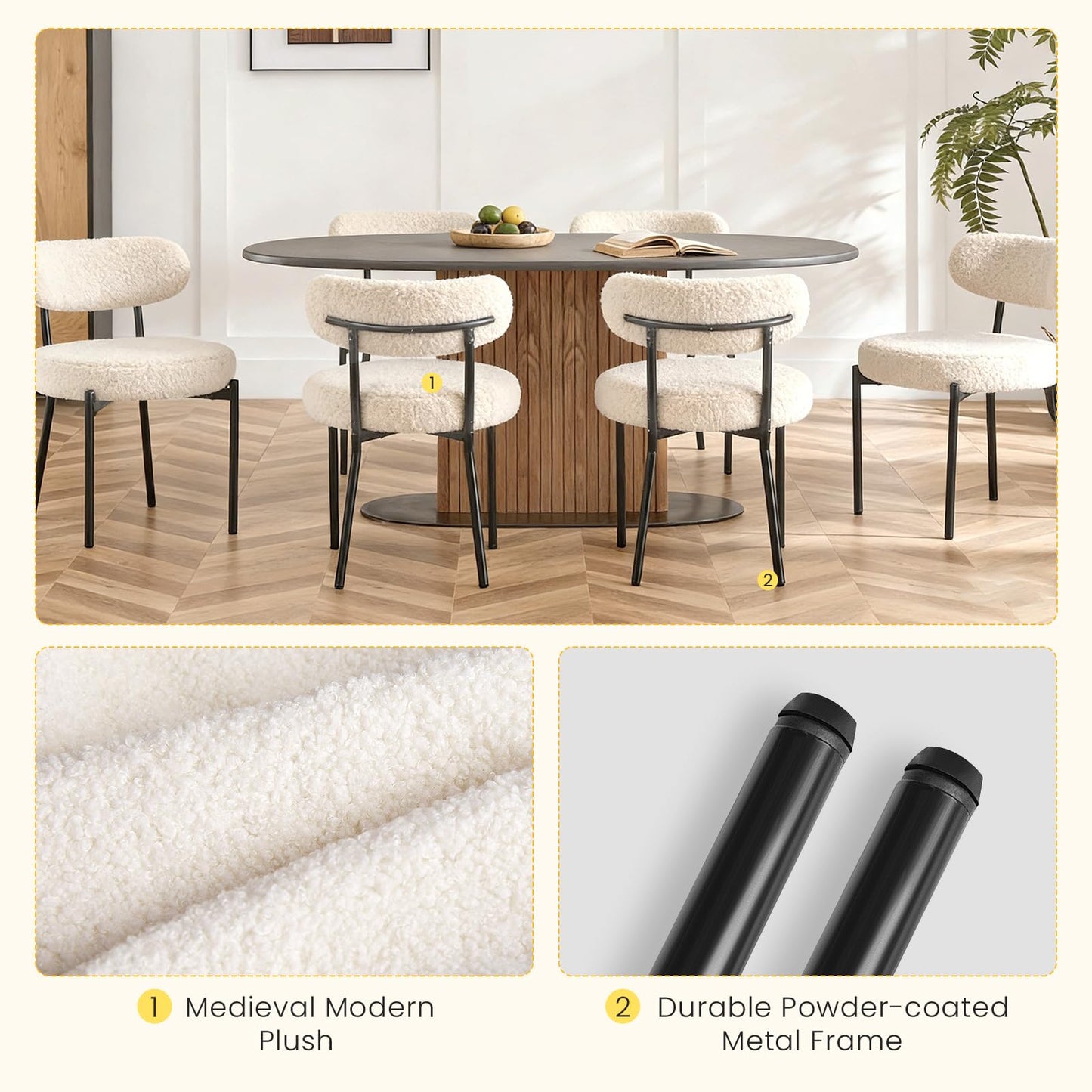 DUMOS Dining Chairs Set of 6, Mid Century Modern Chair Round Upholstered Curved Backrest, Kitchen Vanity Living Room Chairs with Black Metal Legs，Classic Beige