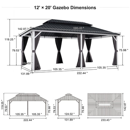 PURPLE LEAF 12' X 20' Hardtop Gazebo Metal Double Roof White Aluminum Frame Outdoor Heavy Duty Gazebo with Curtain and Netting for Patio Garden and Backyard, Grey