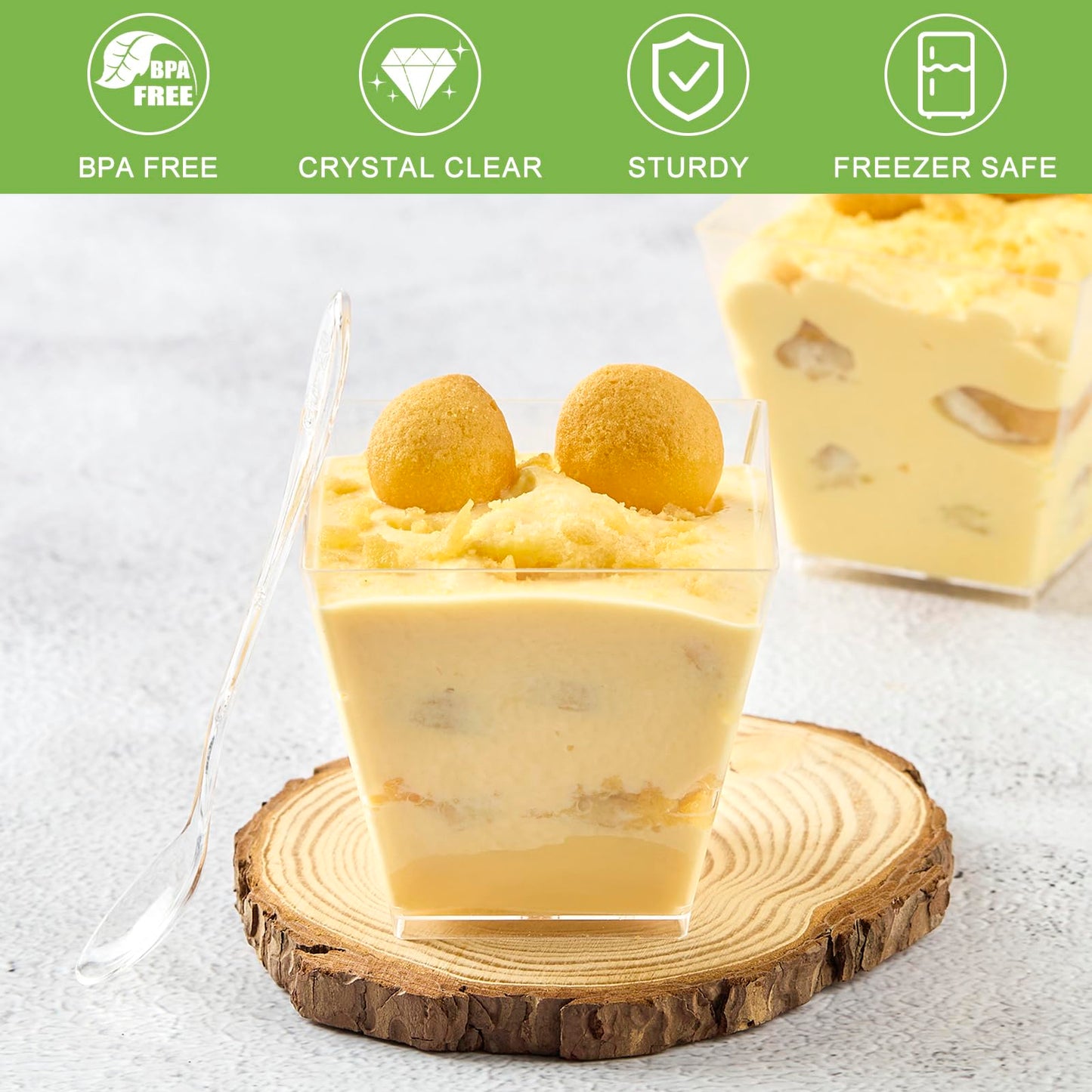 Zezzxu 7 oz Square Mini Dessert Cups with Spoons - 50 Pack Plastic Pudding & Parfait Cups Party Dessert Shooters for Serving Trifle Mousse Cake Appetizers