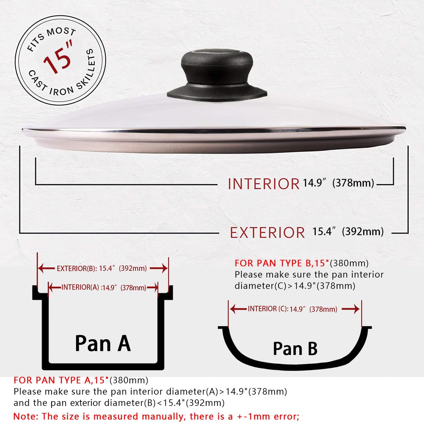 15.4 Inch Tempered Glass Lid Replacement Cover for 15.4" Cast Iron Skillets, Frying Pans and Wok, Clear