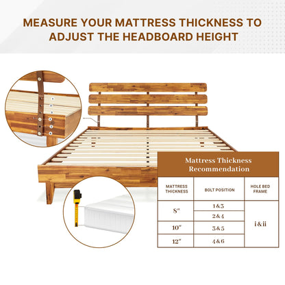 Bme Caden King Size Bed Frame and Adjustable Headboard, 15 Inch Mid Century Retro Style - Solid Acacia Wood - No Box Spring Needed - 12 Strong Wood Slat Support - Easy Assembly - Caramel
