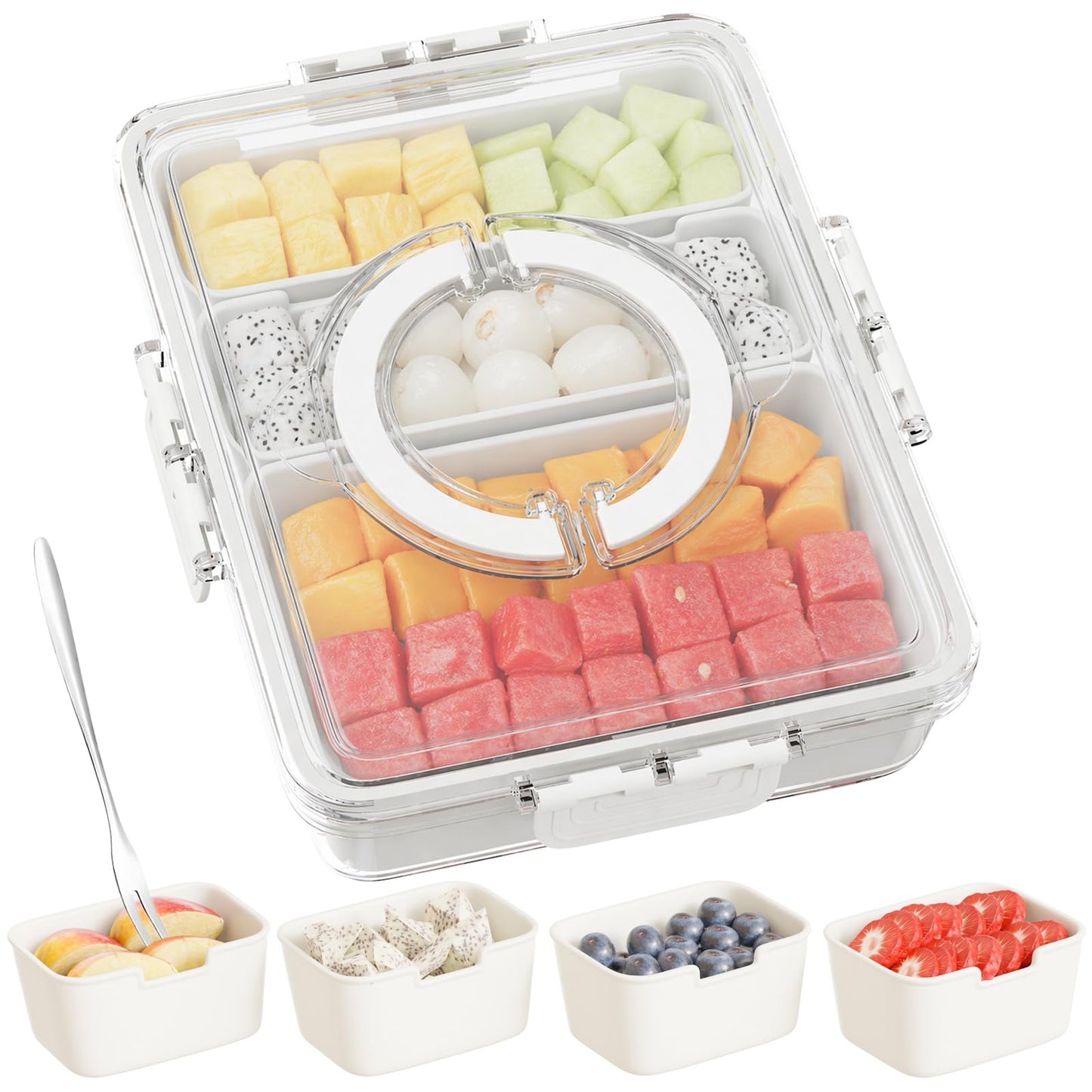Futego Snackle Box Container,Divided Serving Tray with Lid and Handle,7 Portable Compartment Travel Snack Box for Candy Fruits Nuts Veggie for Road Trip Party Picnic (1 Pack-Dishwasher Safety)