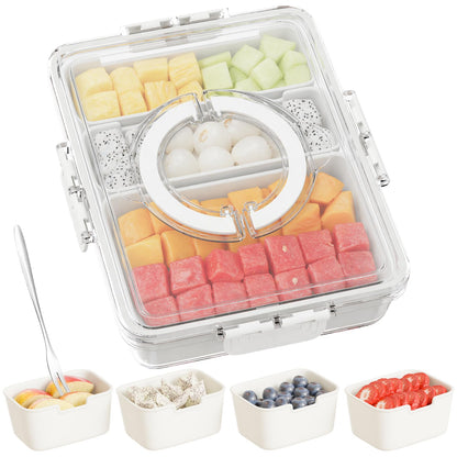 Futego Snackle Box Container,Divided Serving Tray with Lid and Handle,7 Portable Compartment Travel Snack Box for Candy Fruits Nuts Veggie for Road Trip Party Picnic (1 Pack-Dishwasher Safety)