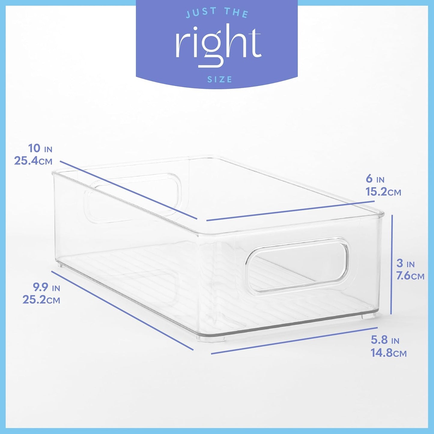 Plastic Food Storage 2 Pack Clear Container Bin with Handles for Kitchen, Pantry, Refrigerator, Stackable 10”x6”x3”