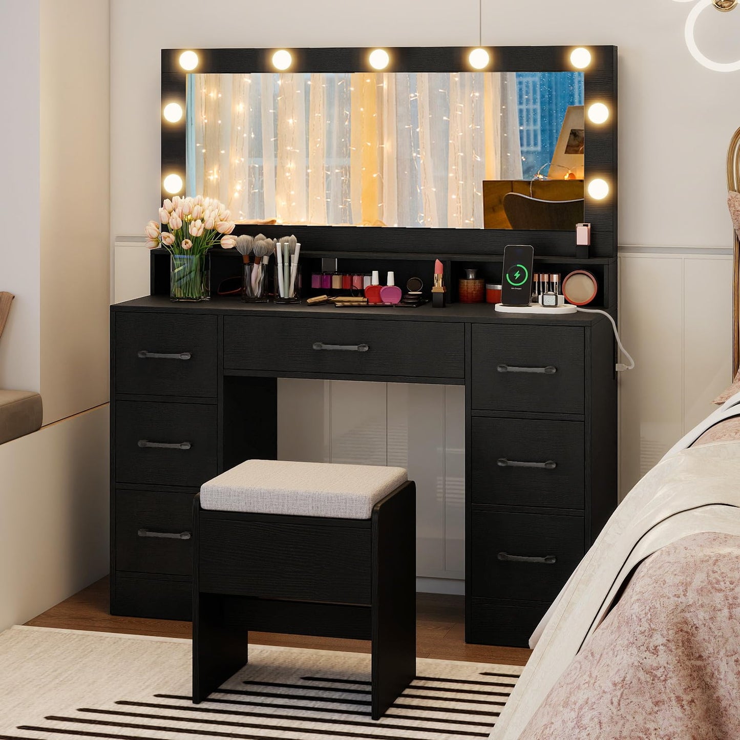 CHARMAID Vanity Desk with Mirror and Lights, Charging Station & Storage Stool, Makeup Vanity Table with 7 Drawers, 3 Open Cubbies, 46.5" Large Modern Dressing Table with Chair for Bedroom, Black