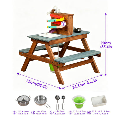 Kids Wooden Picnic Table with Water Table & Play Kitchen, 2-in-1 Outdoor Sand & Water Table with Ramp, Toddler Picnic Table for Backyard, Patio, Garden