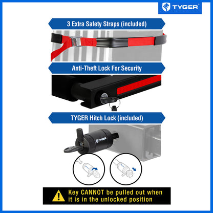 Tyger Auto TG-RK1B707B Folding Hitch-Mounted Ski/Snowboard Rack Fits 2" or 1.25" Receiver Carries 6 Pair Skis or 4 Snowboards | Key Lock | Security Strap | Vertical Adjustable | Tilt Access