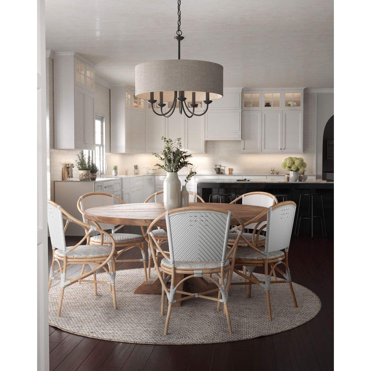 Progress Lighting Drum Shade Collection Five-Light Chandelier, Farmhouse Style Hanging Ceiling Light Fixture for Dining Rooms, Foyers, Harvest Linen Shade, Matte Black