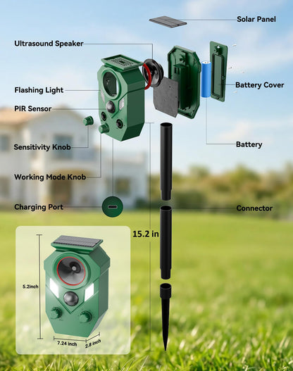 4 Pack Solar Deer Repellent Devices with Motion Sensor & LED Lights, Waterproof Cat Repellent Outdoor, Ultrasonic Animal Repeller Repels Dog, Raccoon, Skunk, Coyote for Garden, Yard & Lawn