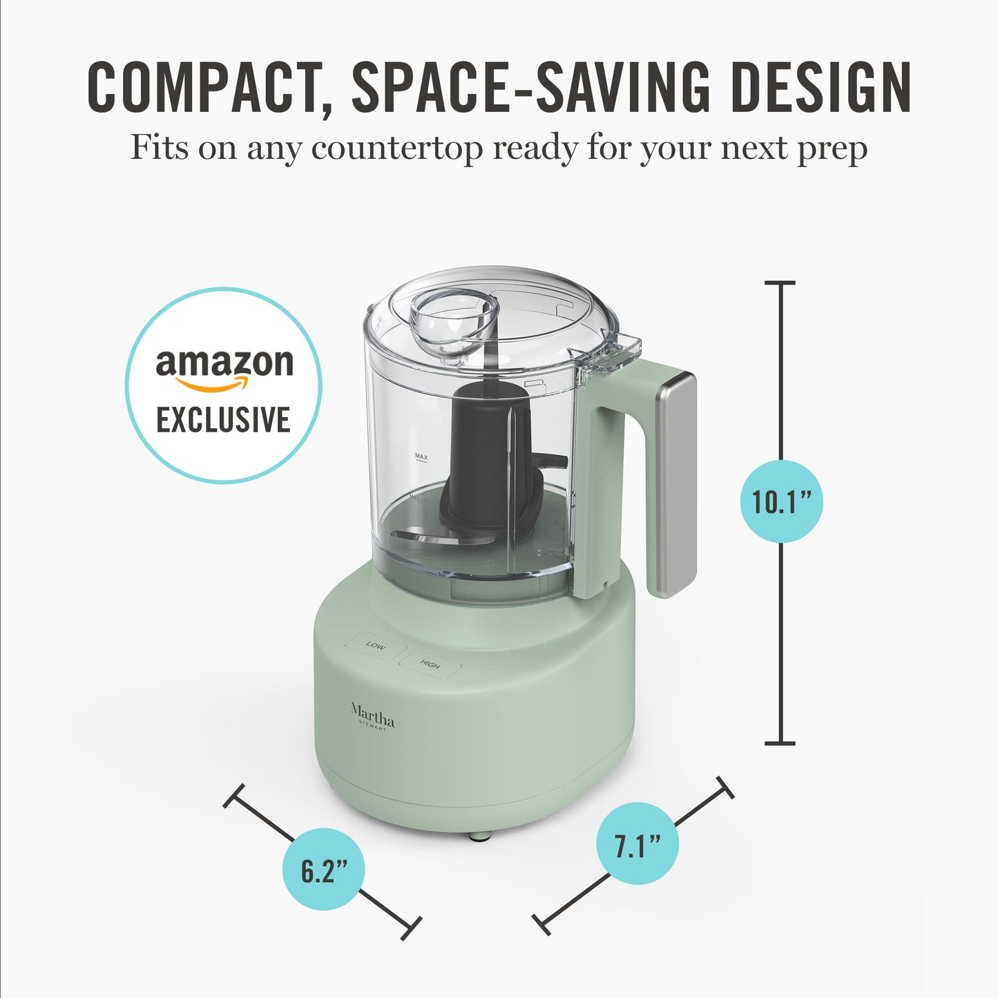 Martha Stewart 3 Cup Electric Food Chopper, Vegetable & Herb Mini Food Processor, 24oz BPA-Free Bowl, Stainless Steel Blades, Pour Spout, Dicing, Mincing, Chop & Puree, Dishwasher Safe, Honeydew