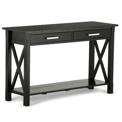 SIMPLIHOME Kitchener Console Table - 47 Inch Wide Solid Wood Sofa Table in Hickory Brown, Contemporary Storage Table for Entryway or Living Room with 2 Drawers, Bottom Shelf, and X-Design Side Panels
