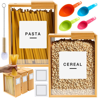Threehoney 2 Pcs Bamboo Cereal Dispenser 75 Oz/ 2.2 l Kitchen Food Storage Containers with Measuring Cups for Airtight Pantry Organization and Storage Container Cereal Rice Flour Snack Nuts Grains
