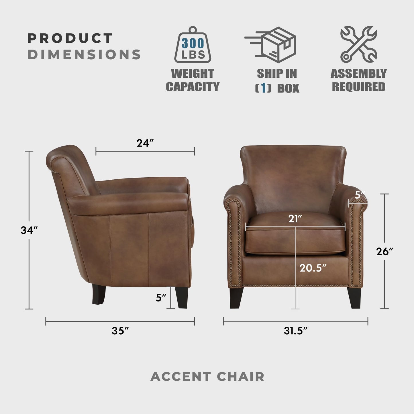 Lexicon 100% Top Grain Genuine Leather Chair, Leather Accent Chairs for Living Room, Solid Wood Frame, Rolled Armrest & Nailhead Trim, Comfy Reading for Bedroom, Office, Waiting Room, Classic Brown