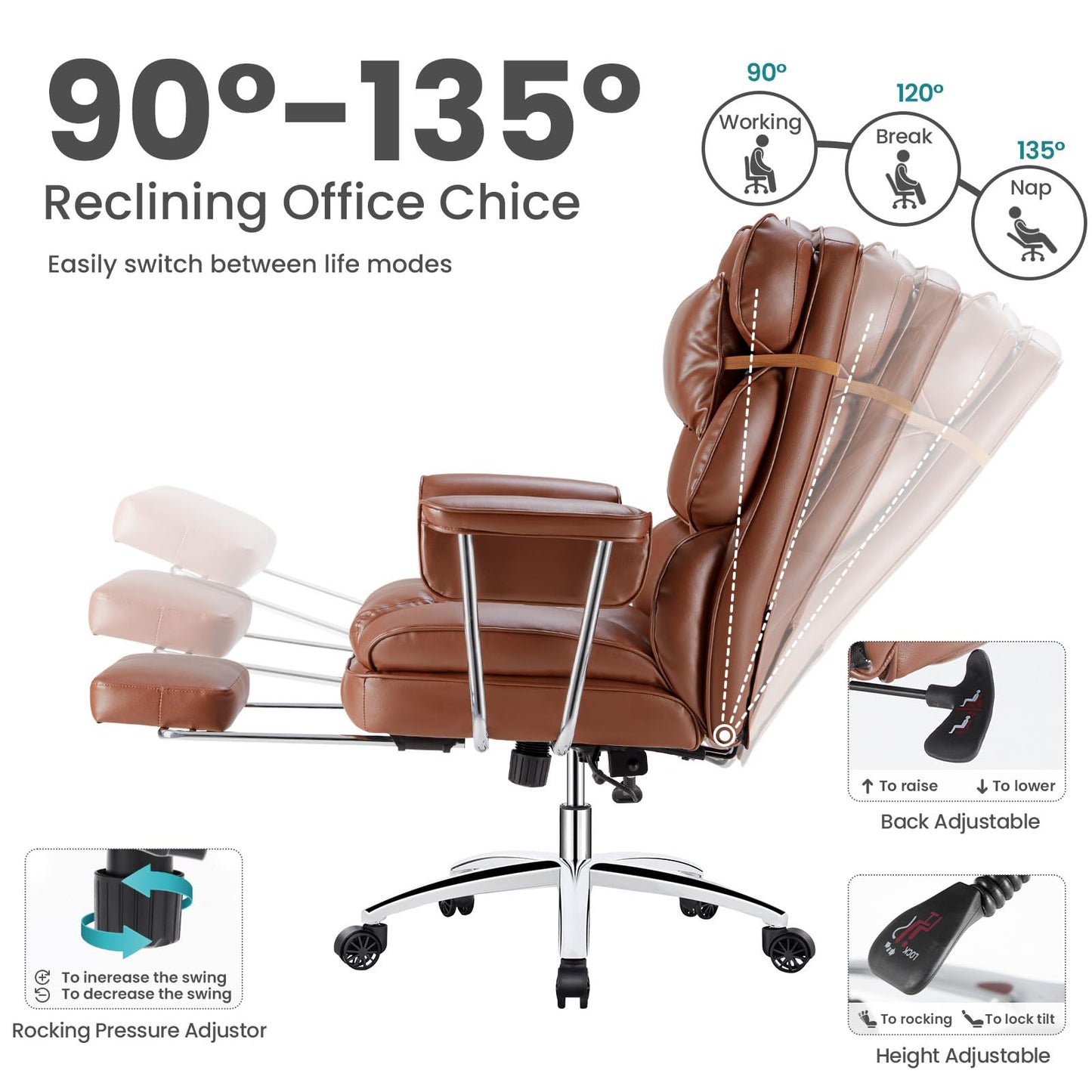 OLIXIS Home Office Desk Chair Comfy with Foot Rest, PU Leather Ergonomic Big and Tall High Back Support, 360° Swivel Wheels, Armrests and Detachable Pillow, Height Adjustable, Brown