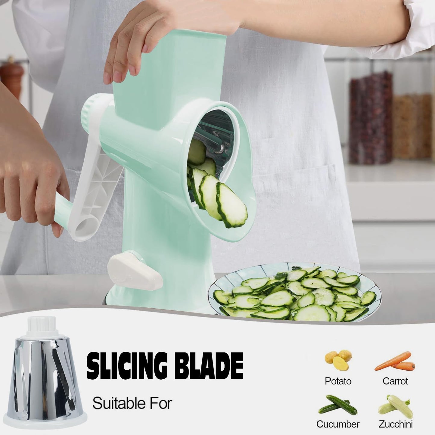 Cheese Grater with Handle,Multifunctional Rotary Cheese Grater,Kitchen Cheese Shredder Can Easily Chop Vegetables,Potatoes,Carrots,Etc.The Suction Cup is Stable and Easy to Clean (light green)
