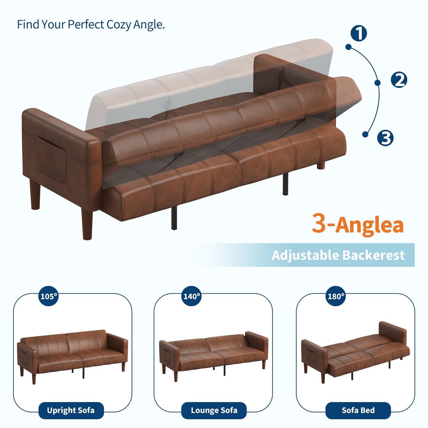 GarveeHome Futon Sofa Bed, 75-Inch Modern Faux Leather Convertible Couch, Mid-Century Loveseat for Small Space, Living Room, Bedroom, Brown