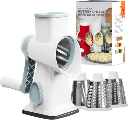 GORCI 3 Cheese Grater Cheese Shredder with Interchangeable Blades, Rotary Cheese Grater Manual Vegetable Slicer