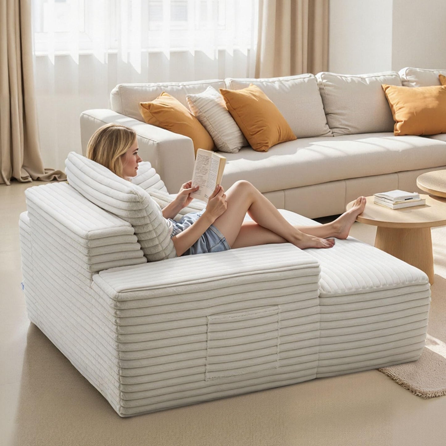 VEVOR Oversized Chaise Lounge Chair, 54" Boneless Chaise Lounge Indoor, Modern Upholstered Reading Chair with Throw Pillows & Armrests, Sofa Couch Deep Seat Sleeper for Living Room, Bedroom, Beige