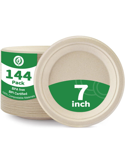 100% Compostable 7 Inch Paper Plates [144-Pack] - Biodegradable Sugarcane Bagasse Dessert Plates for Cake, Appetizers, Salads | Heavy Duty Disposable Plates for Kids Birthday & Holiday Party Supplies
