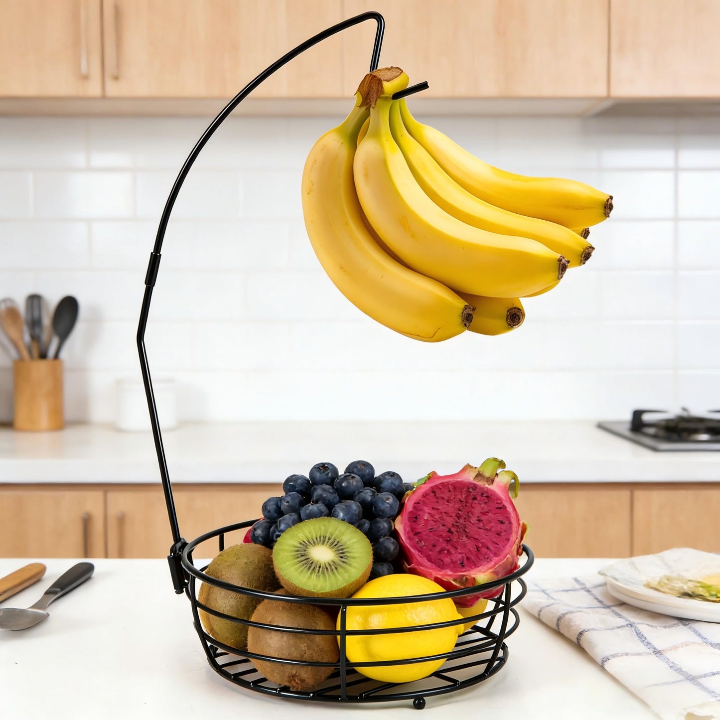 Vituney Fruit Basket for Kitchen Counter - Fruit Bowl with Banana Hanger, Rust-Proof Metal Frutero Produce Fruit Holder for Kitchen