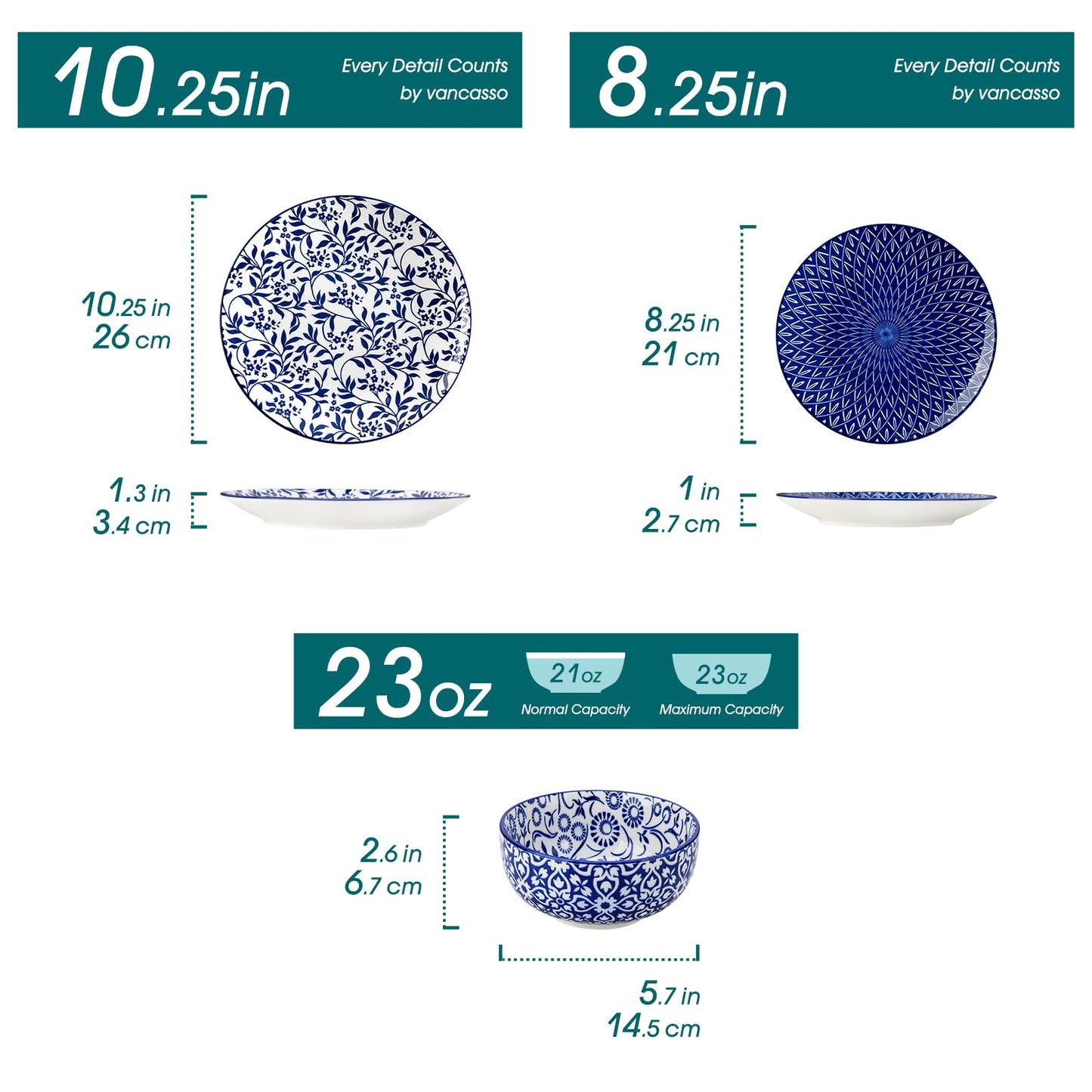 vancasso SELENE Plates and Bowls Set for 4, 12 Pieces Dinnerware Sets, Mircowave and Dishwasher Safe Dishes Set, Porcelain Blue Dinnerware
