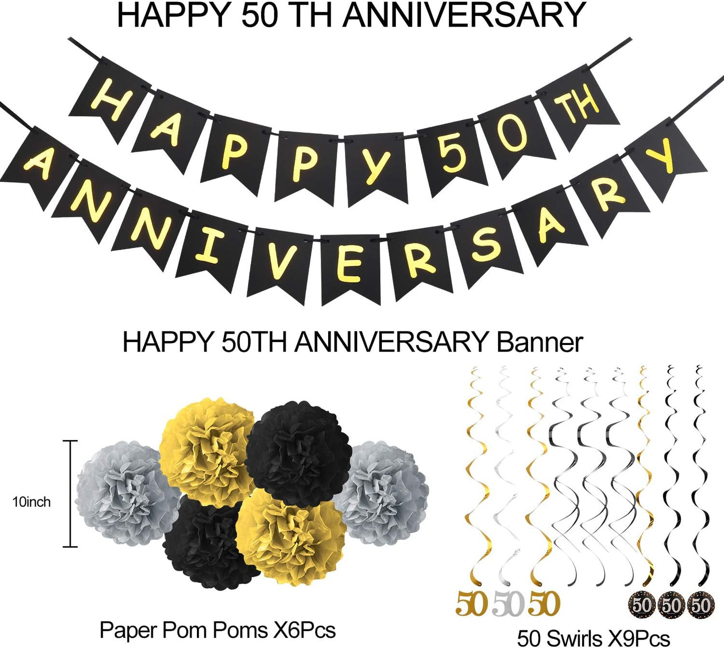 50th Wedding Anniversary Decorations Kit, Gold Glitter Happy 50th Banner, Sparkling 50 Hanging Swirls, Poms