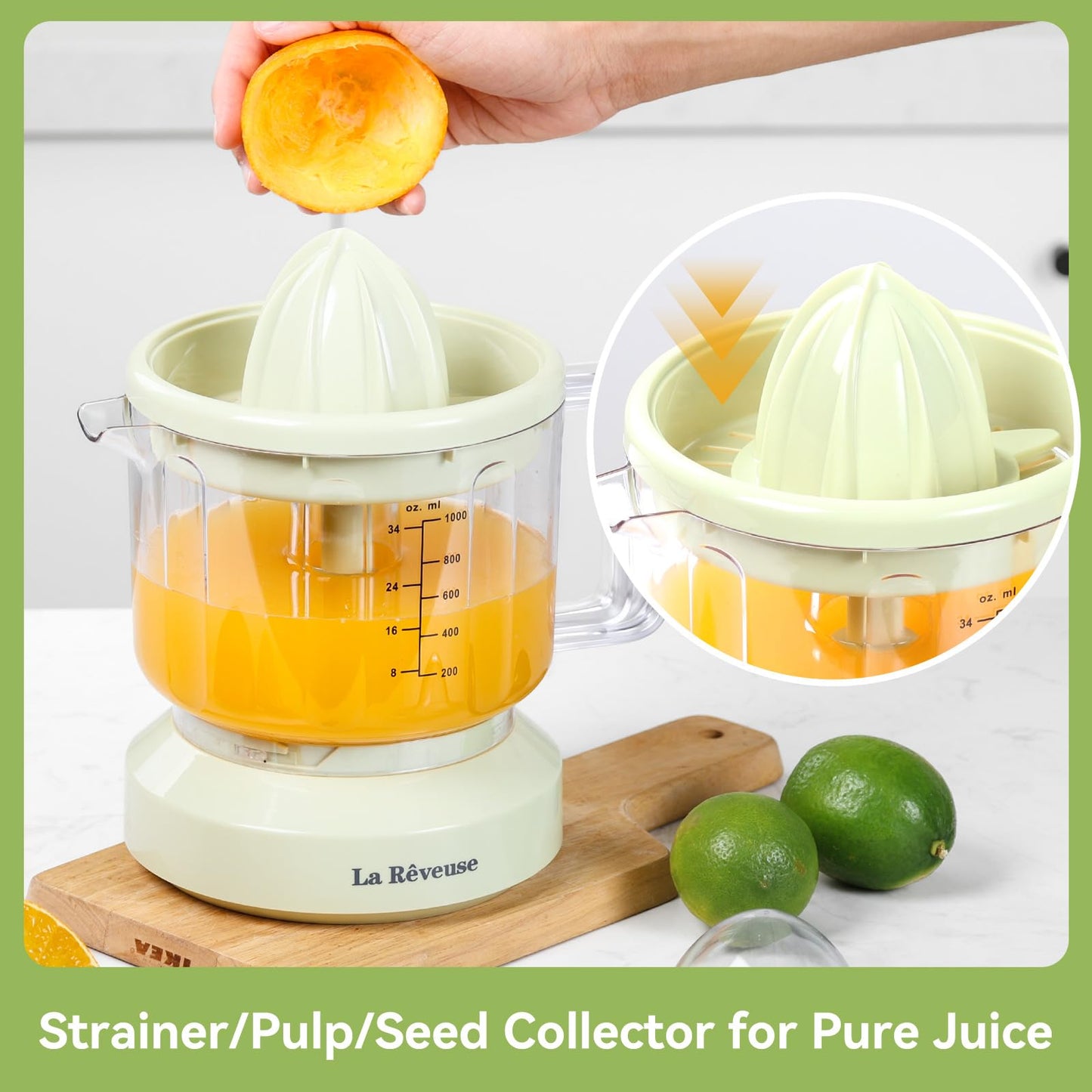 La Reveuse Electric Citrus Juicer 34 oz for Grapefruit Orange Lemon Lime Juice, 40W, Grayish Yellow