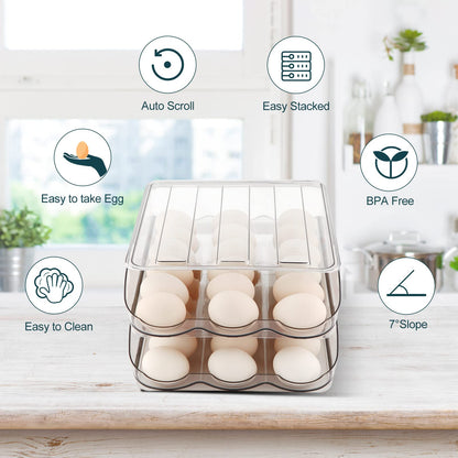 MesRosa Egg Holder for Fridge, Automatically Rolling Egg Storage Container for Refrigerator,Large Capacity Egg Organizer for Fridge with Lid,Clear Plastic Dispenser, Tray & Bin -2 Layer
